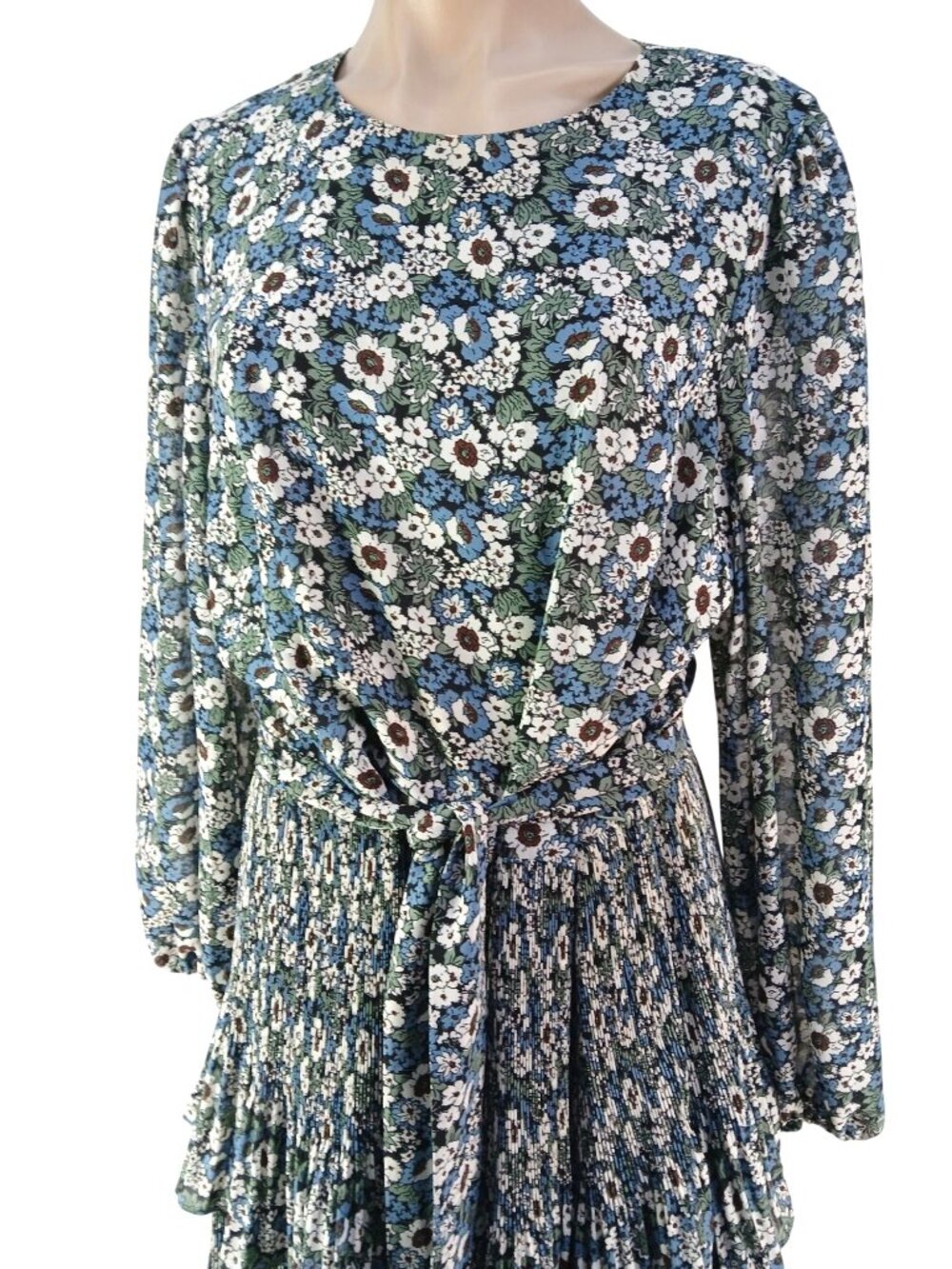 Boden Floral Tiered Long Sleeve Dress US 14 Blue Green Multicolor Plisse Mini - Picture 3 of 16